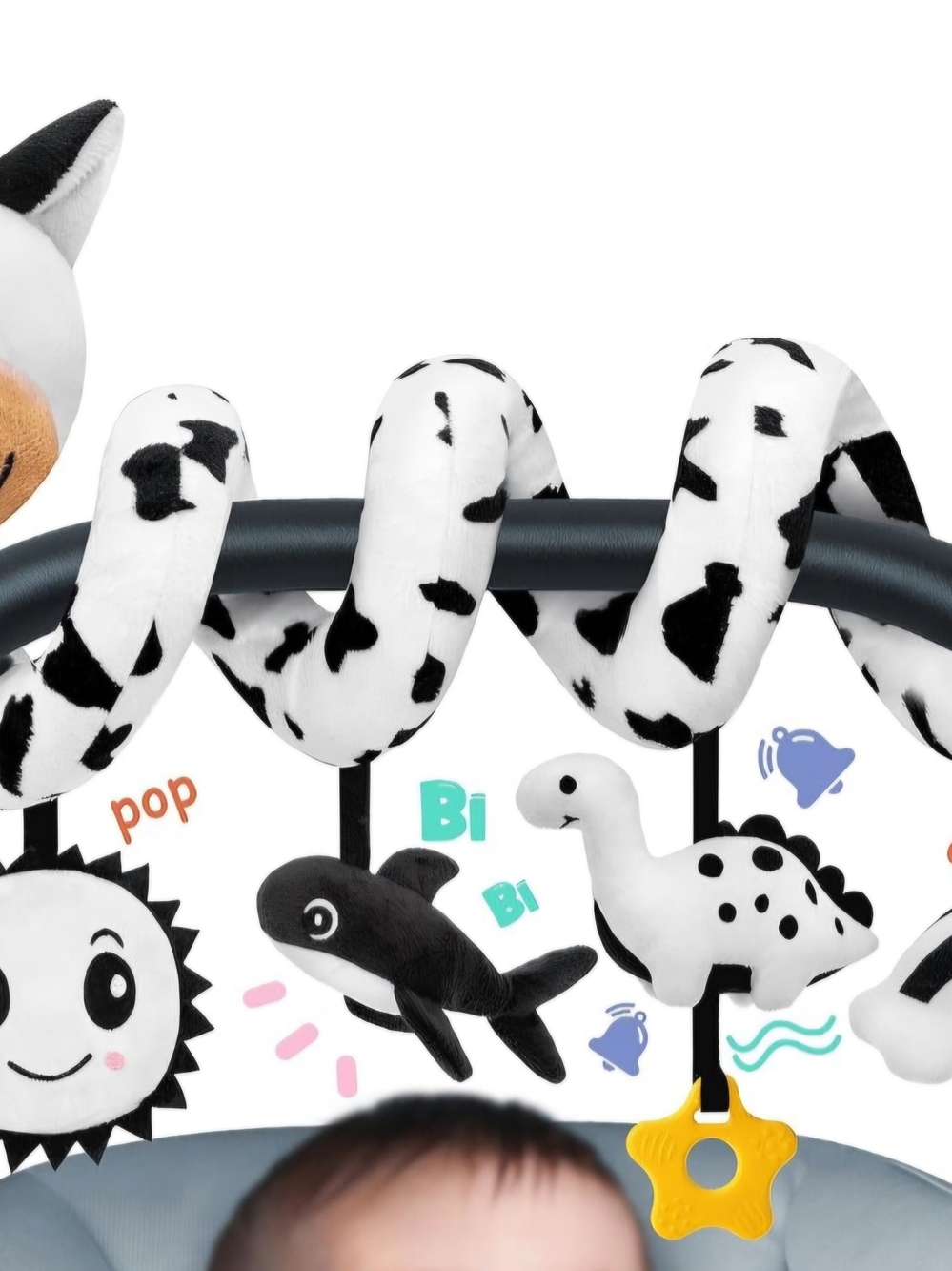 Black & White Cow Print Spiral Activity Toy with Hanging Plush Friends